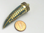 1 Pendant - Long turquoise inlaid Tibetan horn shape Brass pendant with dotted brass inlays from Nepal - PM255A