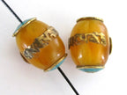 1 Bead - Tibetan copal resin Om mantra bead with brass , turquoise and coral inlay - BD375