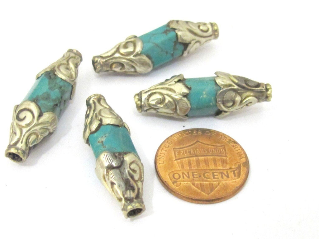 1 BEAD - Tibetan silver floral design capped turquoise bead - BD849