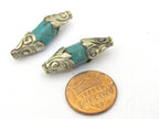 1 BEAD - Tibetan silver floral design capped turquoise bead - BD849