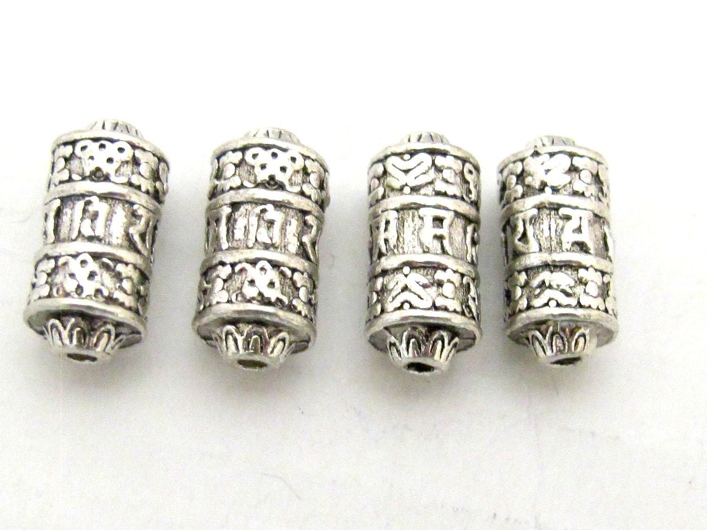 4 BEADS - Tibetan om mantra ashtamangala symbols scroll shape silver tone metal beads 15 mm x 7 mm - BD788