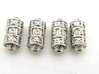 4 BEADS - Tibetan om mantra ashtamangala symbols scroll shape silver tone metal beads 15 mm x 7 mm - BD788