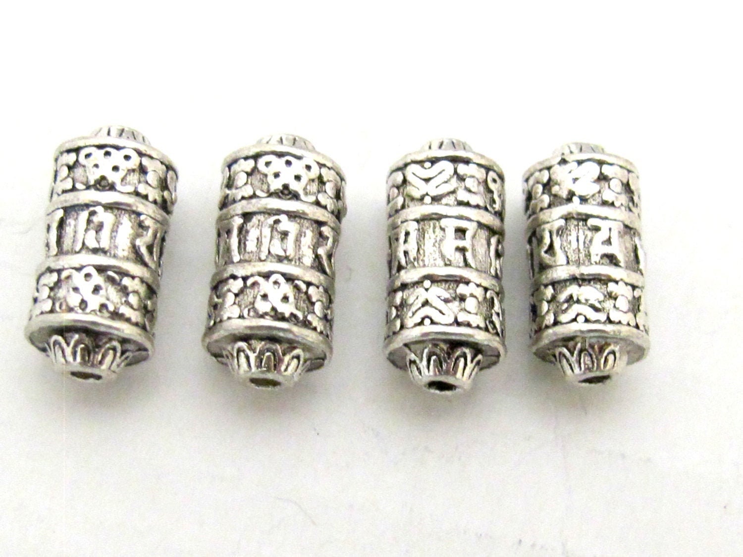 4 BEADS - Tibetan om mantra ashtamangala symbols scroll shape silver tone metal beads 15 mm x 7 mm - BD788