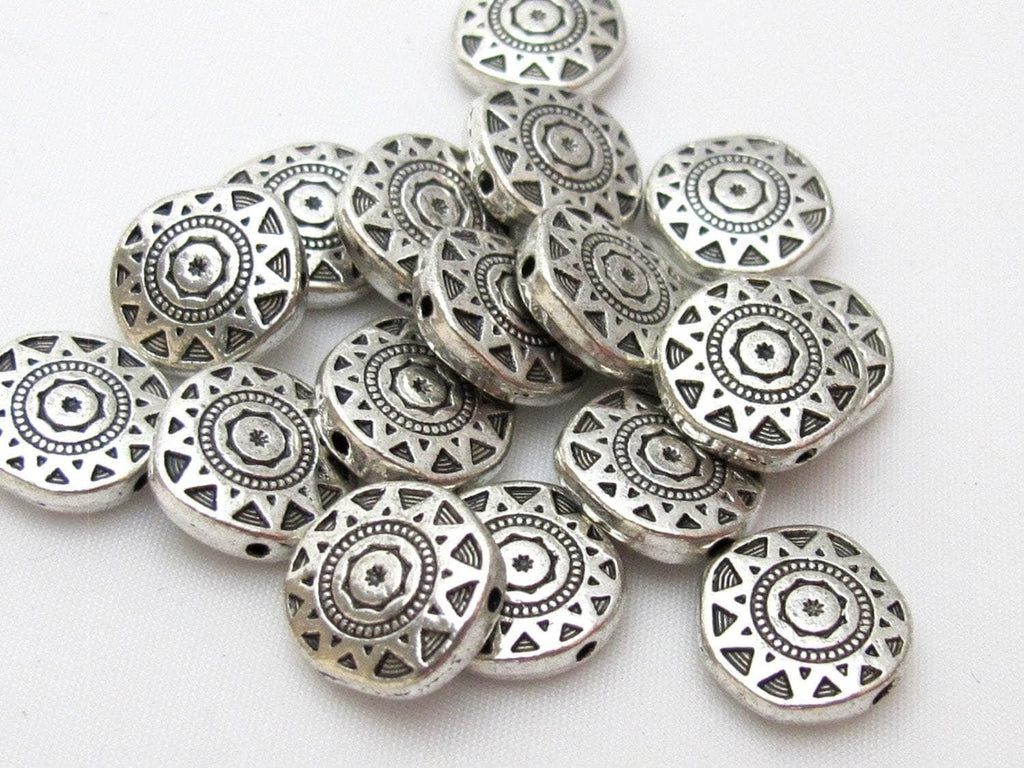 4 beads - Round disc shape silver color dual sided sun chakra design beads - BD413