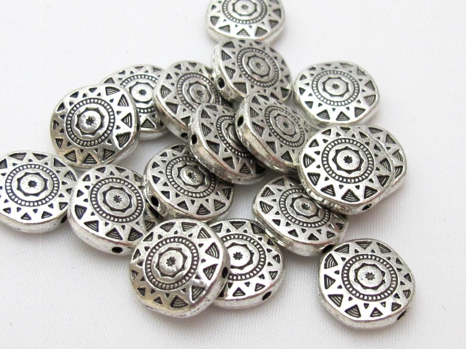 4 beads - Round disc shape silver color dual sided sun chakra design beads - BD413