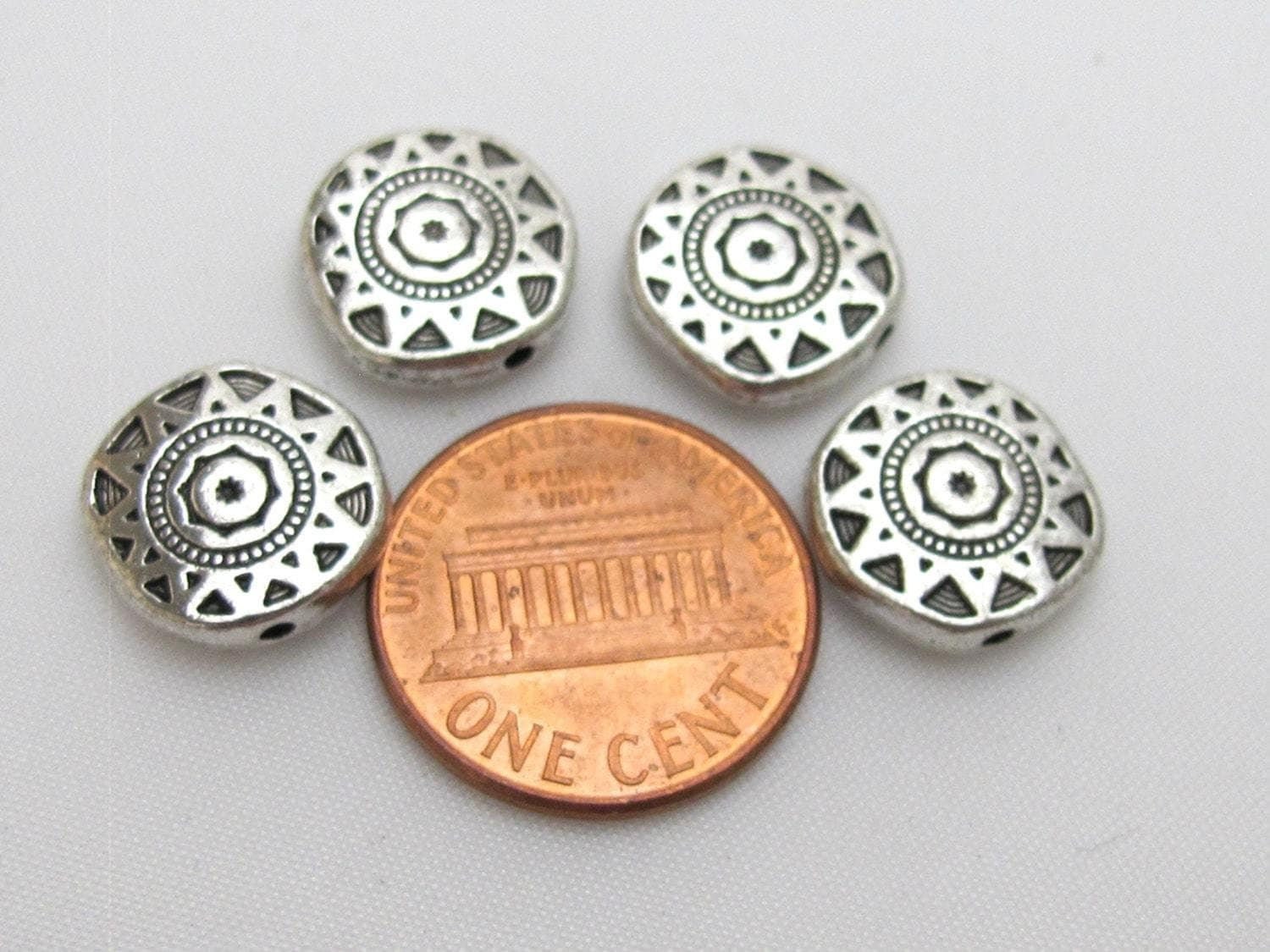4 beads - Round disc shape silver color dual sided sun chakra design beads - BD413