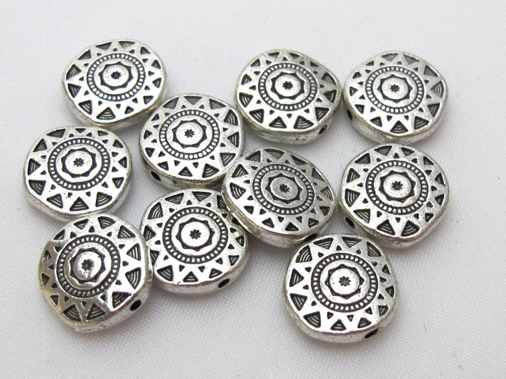 4 beads - Round disc shape silver color dual sided sun chakra design beads - BD413