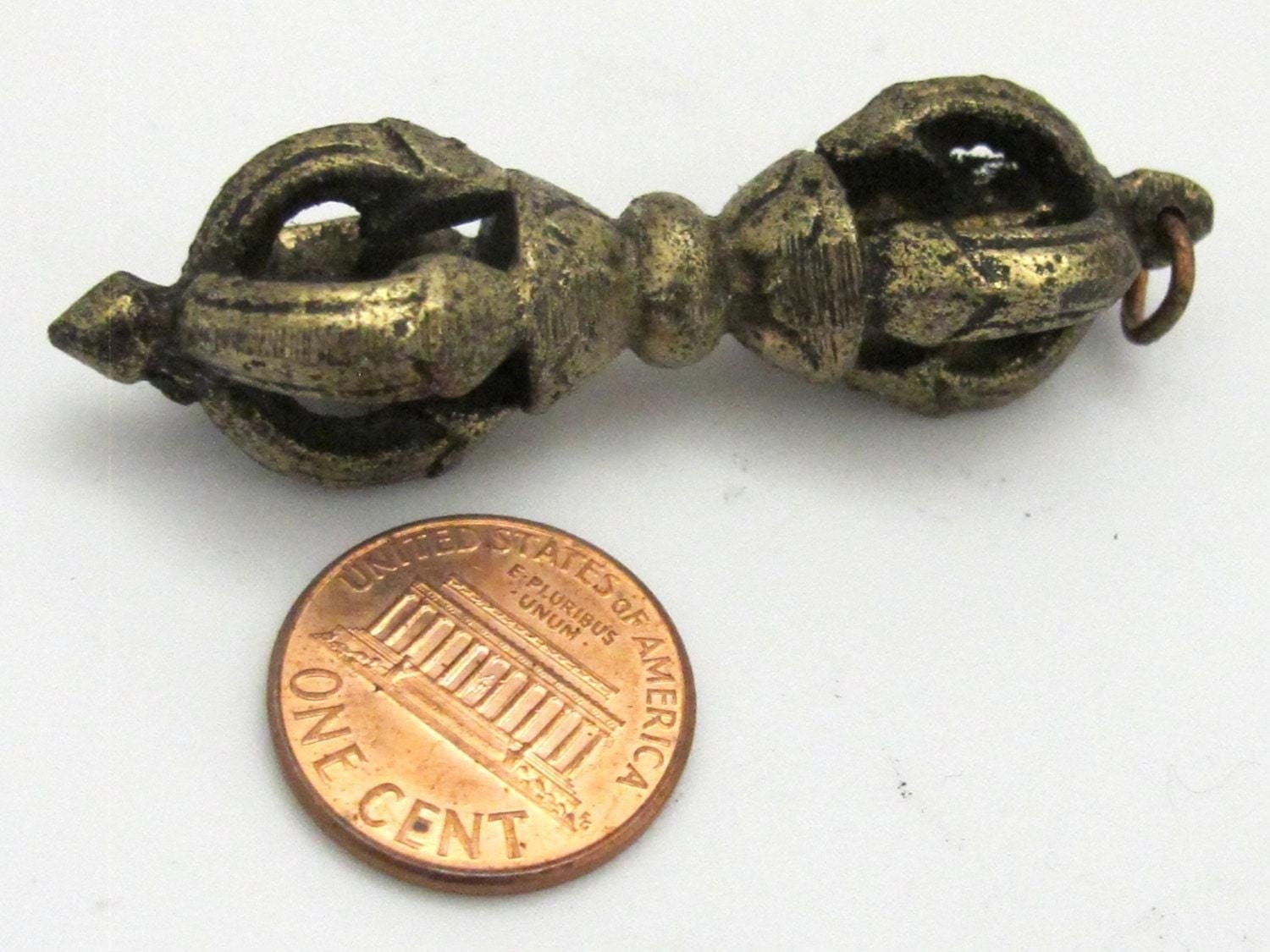 Long heavy Tibetan dorje solid brass pendant antiqued finish from Nepal - CP064