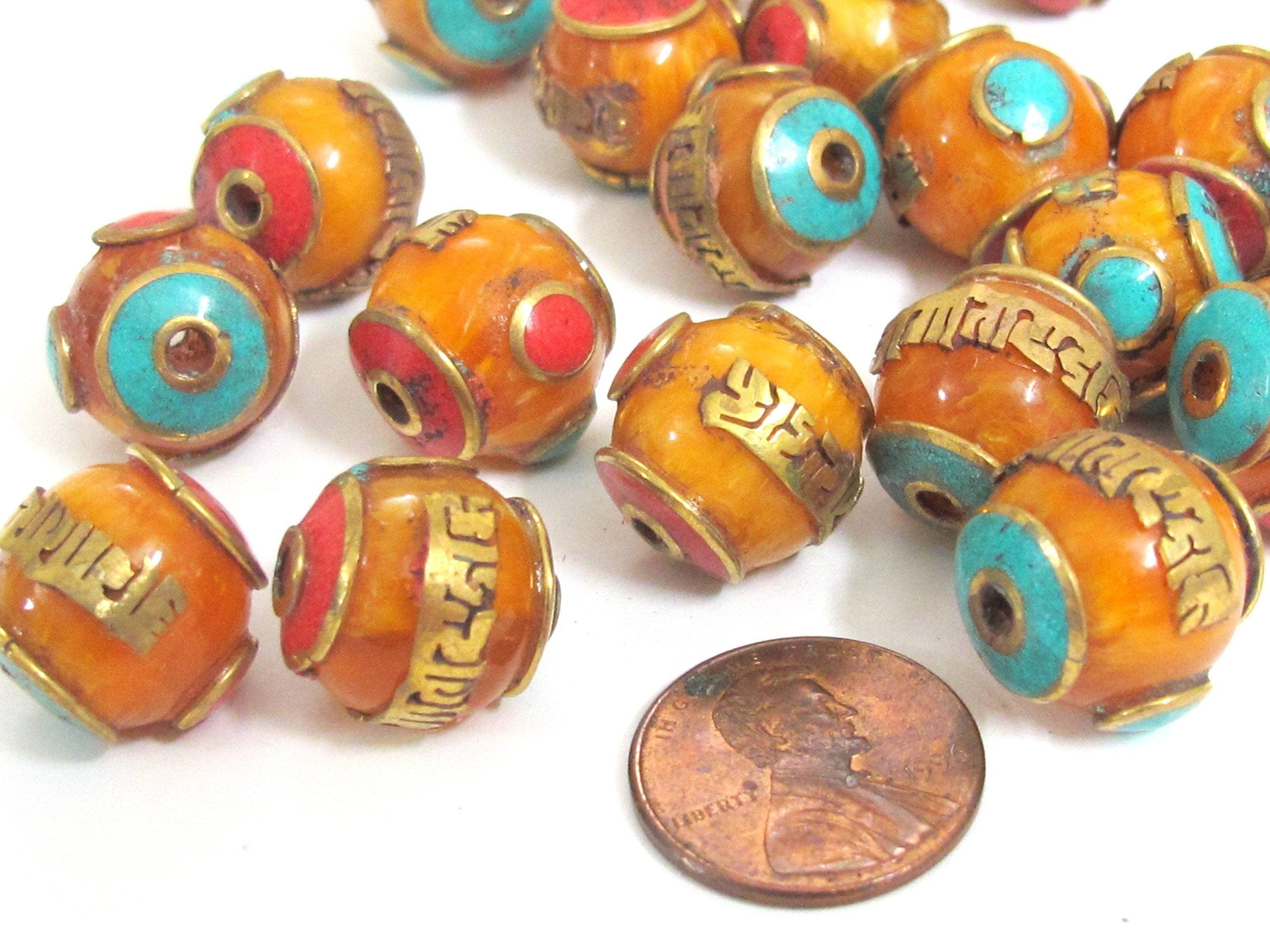 1 Bead - Tibetan copal resin Om mantra bead with brass , turquoise and inlay - BD632M