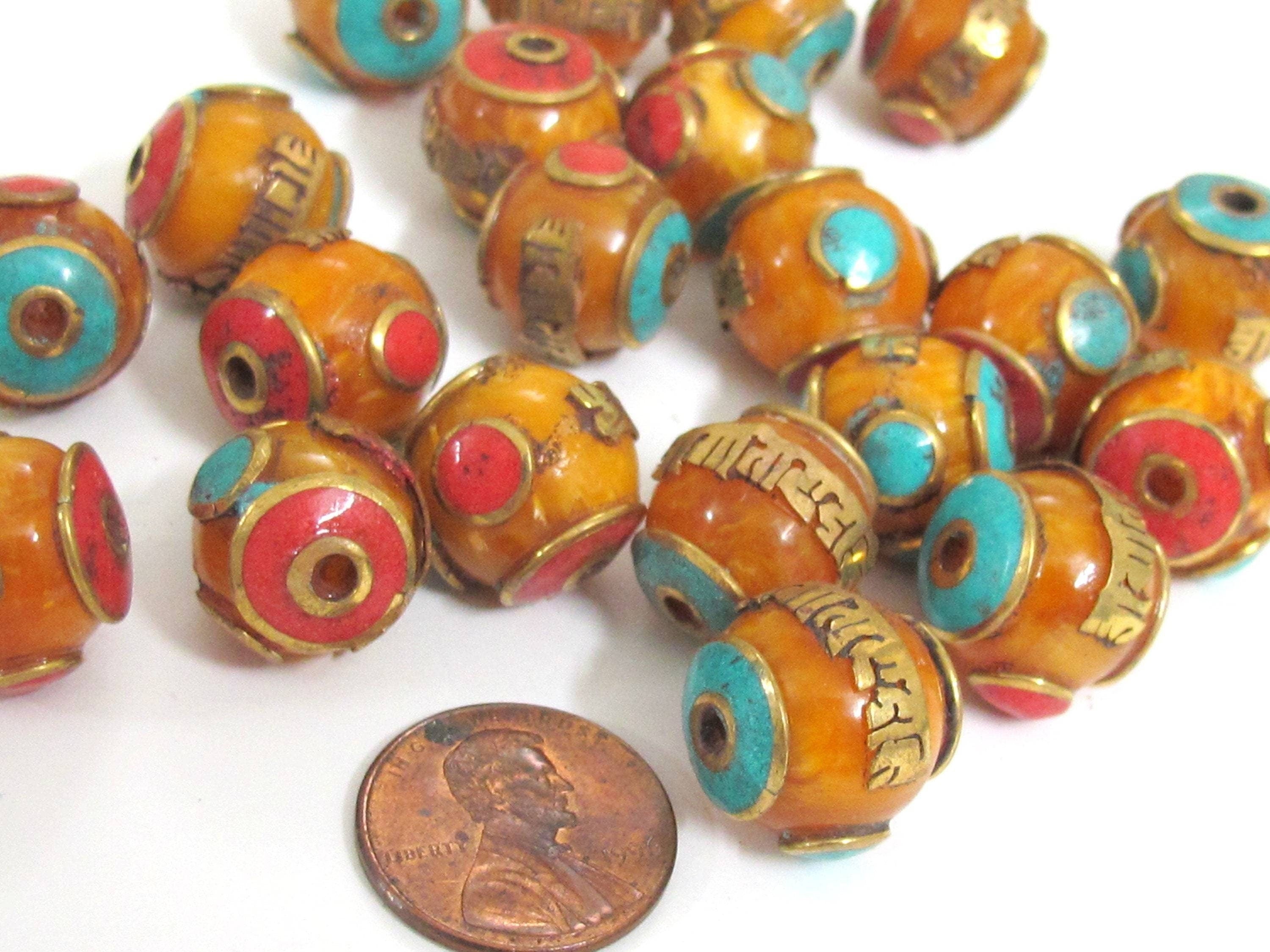 1 Bead - Tibetan copal resin Om mantra bead with brass , turquoise and inlay - BD632M