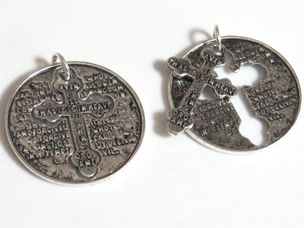 2 pieces - Lords Prayer antiqued silver tone cross charm pendant - BD567