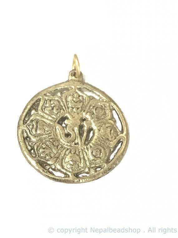 Medium Tibetan brass lotus flower ashtamangala auspicious symbols Om pendant - CP126