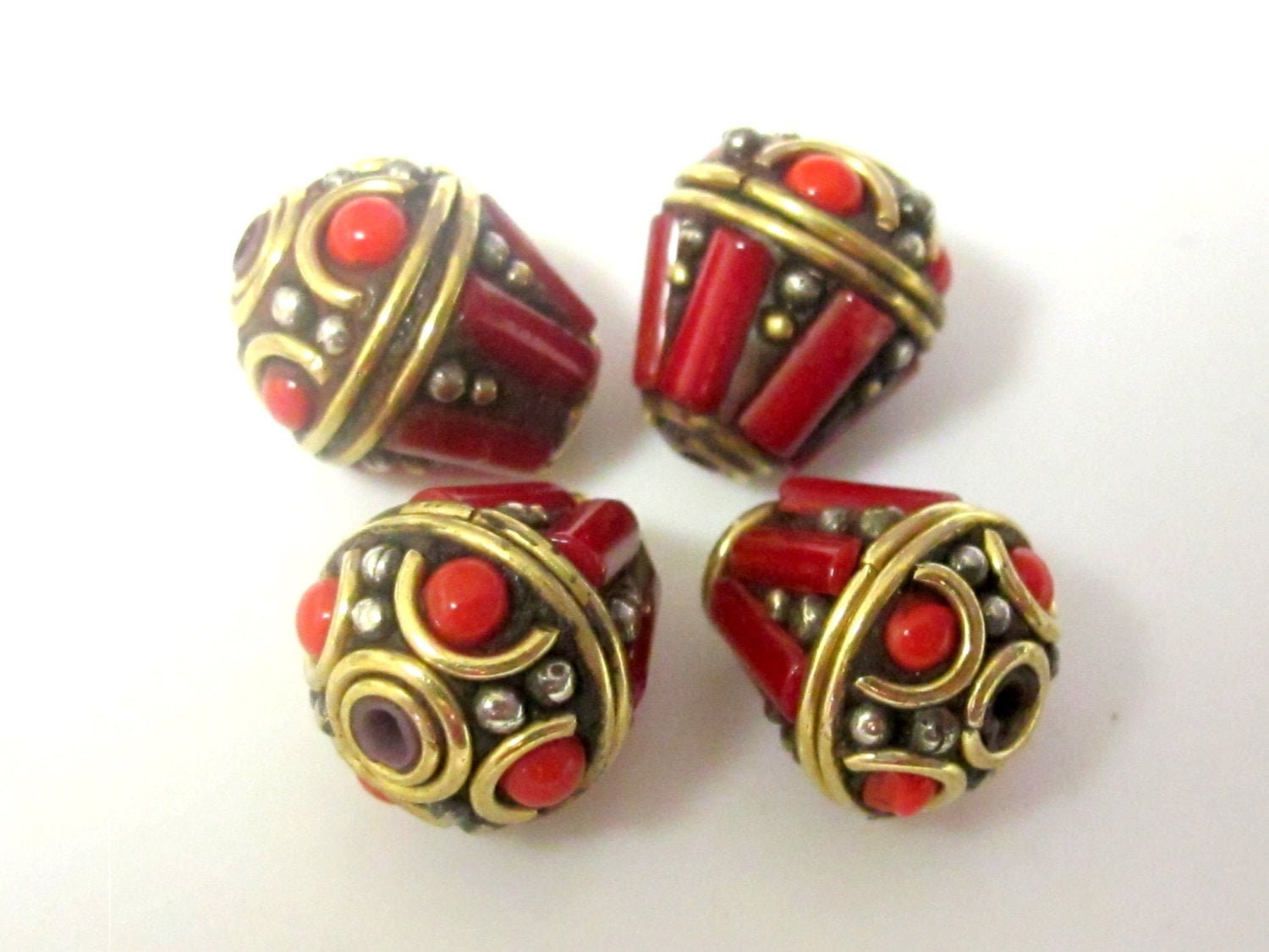 Tibetan brass teardrop shape beads with coral inlay - 2 beads - BD441