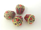 Tibetan brass teardrop shape beads with coral inlay - 2 beads - BD441