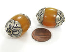 1 BEAD - Beautiful Thick Tibetan copal resin silver color capped bead from Nepal - BD984
