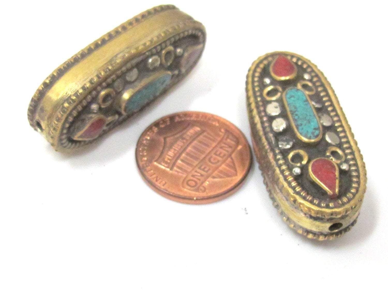 1 Bead - Beautiful large Tibetan brass bead with turquoise inlay unique design - BD929