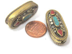 1 Bead - Beautiful large Tibetan brass bead with turquoise inlay unique design - BD929