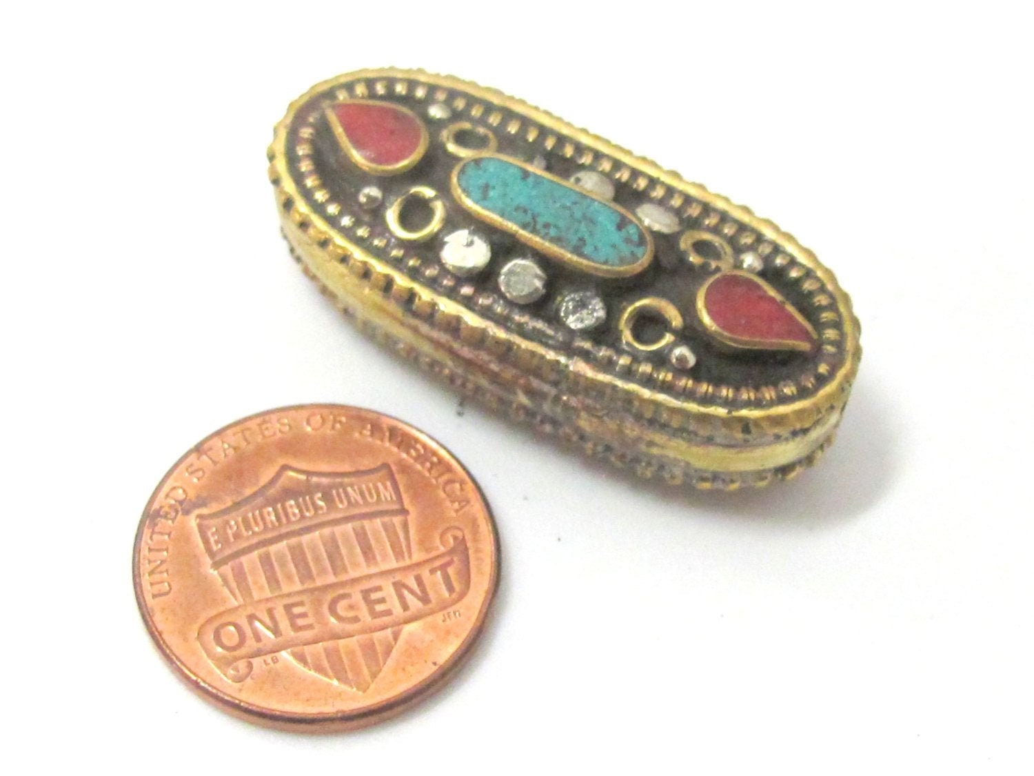 1 Bead - Beautiful large Tibetan brass bead with turquoise inlay unique design - BD929