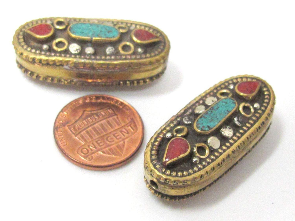 1 Bead - Beautiful large Tibetan brass bead with turquoise inlay unique design - BD929
