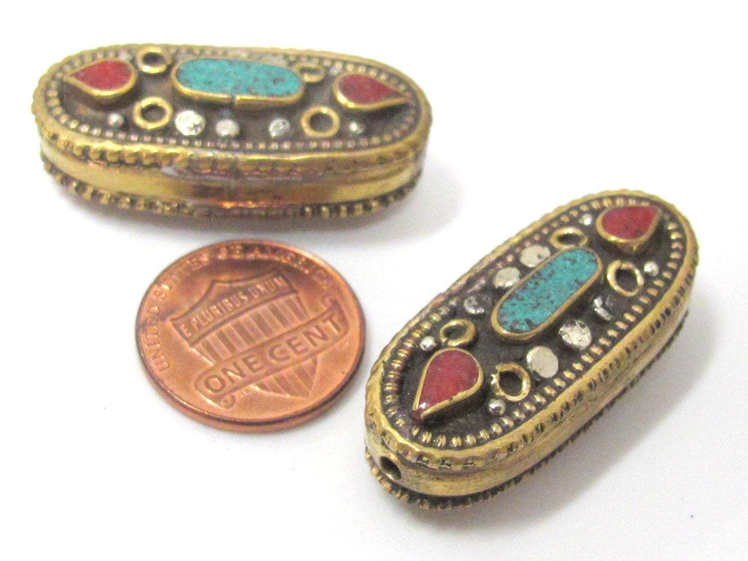 1 Bead - Beautiful large Tibetan brass bead with turquoise inlay unique design - BD929