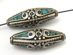Tibetan Beads - nepalese beads -tibetan craft -1 BEAD - Large size Bicone shape nepalese brass beads with turquoise and lapis inlay - BD631