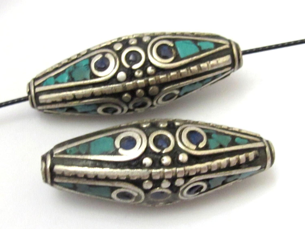 Tibetan Beads - nepalese beads -tibetan craft -1 BEAD - Large size Bicone shape nepalese brass beads with turquoise and lapis inlay - BD631
