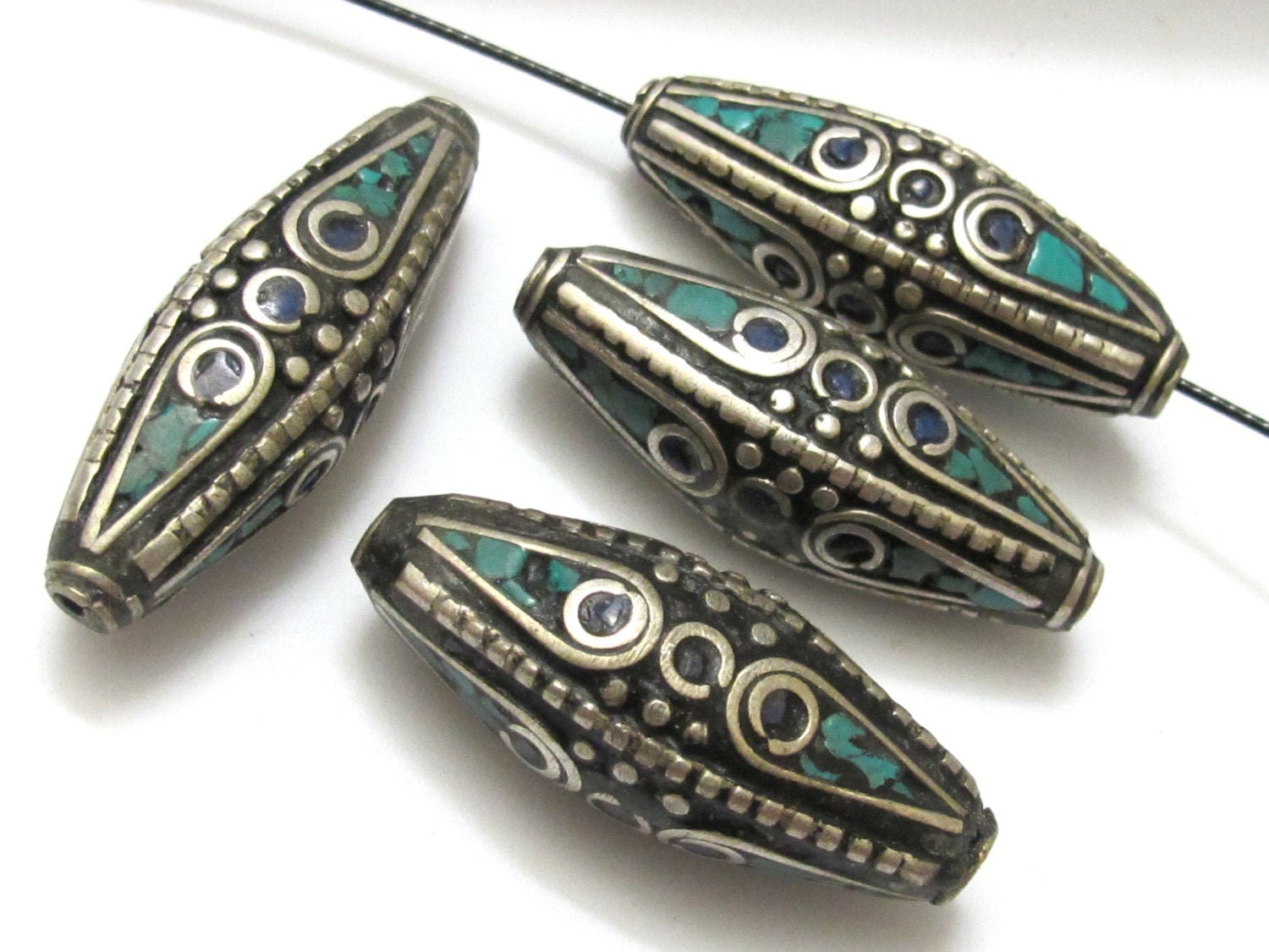 Tibetan Beads - nepalese beads -tibetan craft -1 BEAD - Large size Bicone shape nepalese brass beads with turquoise and lapis inlay - BD631