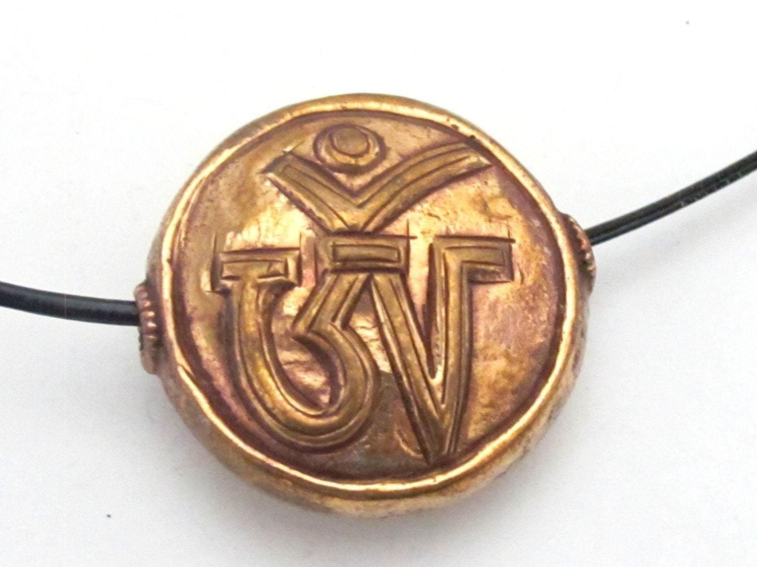 1 Bead - 35 mm large size copper finish Tibetan OM inscribed solid brass beads - BD493