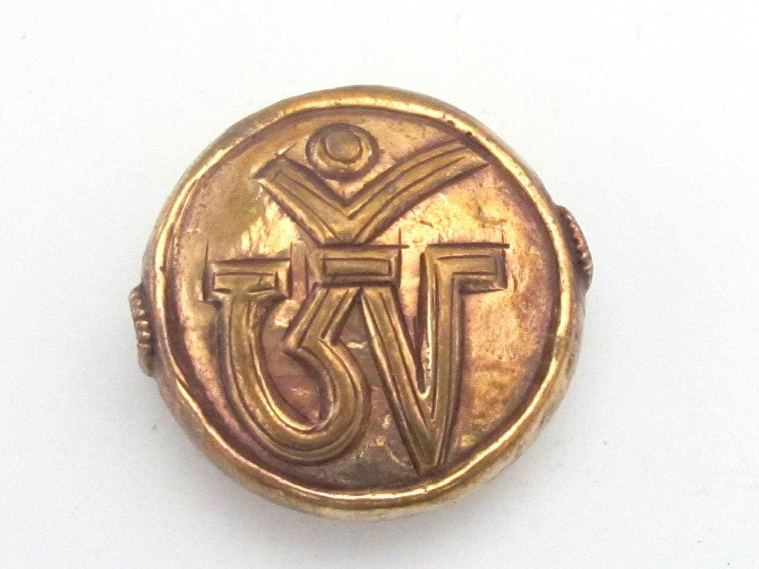 1 Bead - 35 mm large size copper finish Tibetan OM inscribed solid brass beads - BD493