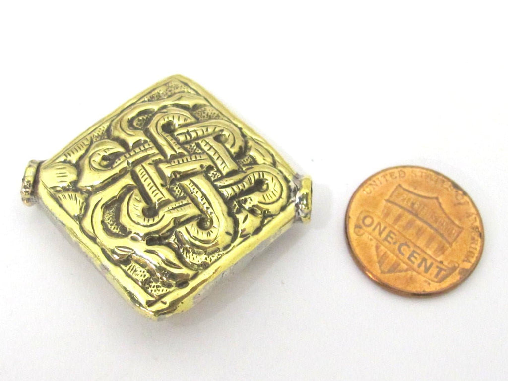 2 Beads - Large size Tibetan brass repousse endless knot design focal pendant bead - BD845s