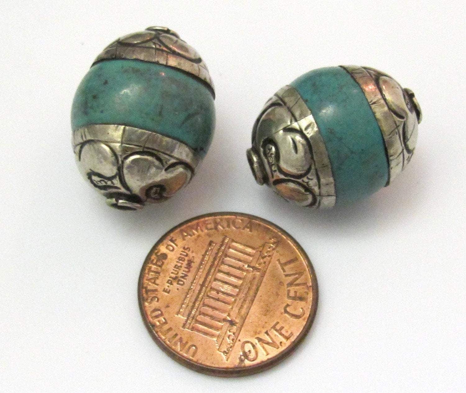 2 BEADS - 20 mm x 15 mm size Thick Capped Tibetan turquoise gemstone beads from Nepal - BD616