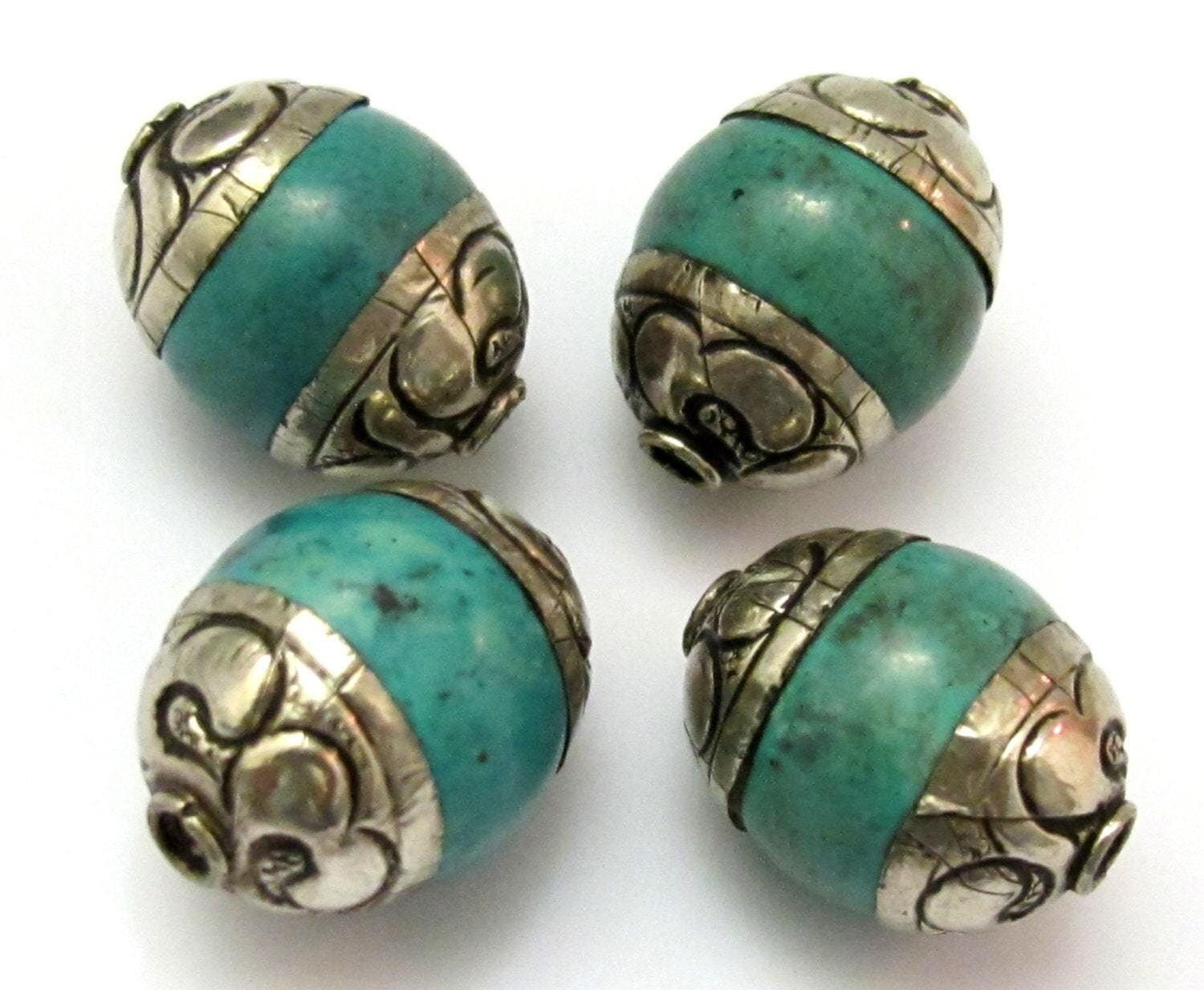 2 BEADS - 20 mm x 15 mm size Thick Capped Tibetan turquoise gemstone beads from Nepal - BD616