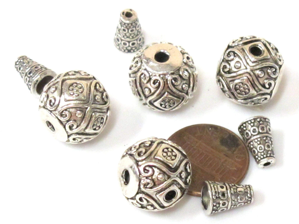 1 Guru bead set - Large size 14 mm x 15 mm Tibetan silver 3 hole Guru Bead with column bead dotted floral heart design - GB059