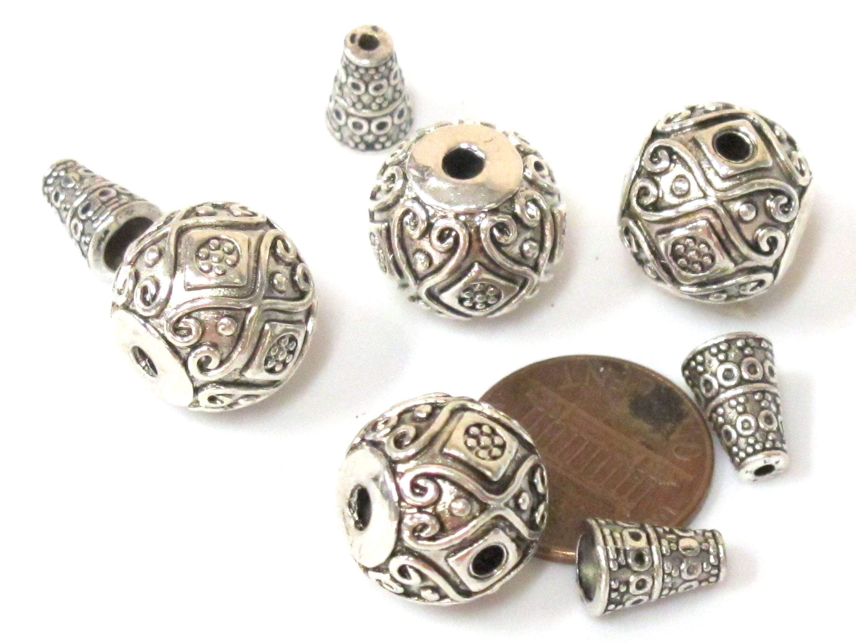 1 Guru bead set - Large size 14 mm x 15 mm Tibetan silver 3 hole Guru Bead with column bead dotted floral heart design - GB059
