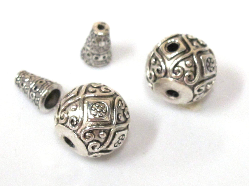 1 Guru bead set - Large size 14 mm x 15 mm Tibetan silver 3 hole Guru Bead with column bead dotted floral heart design - GB059
