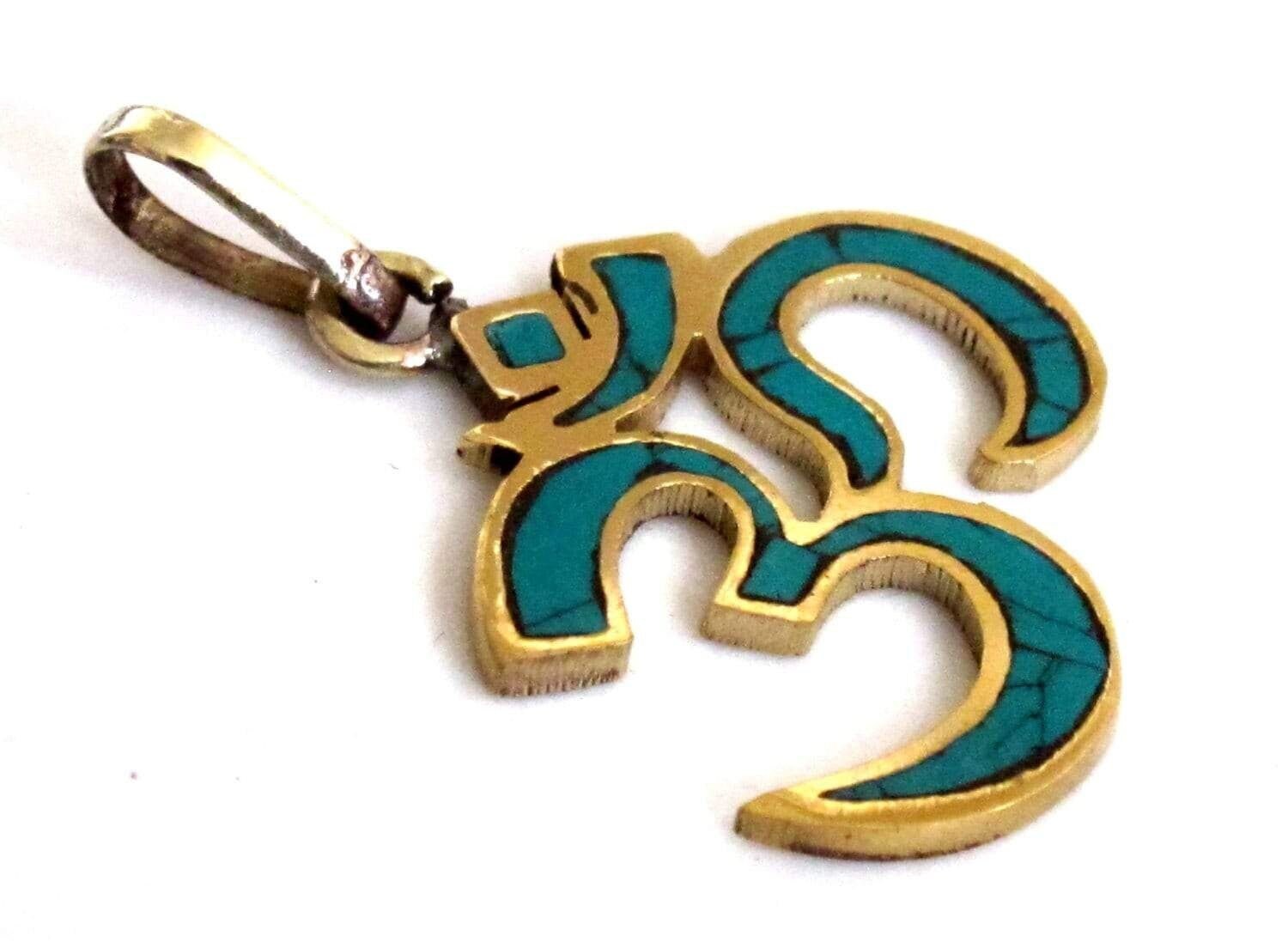 1 Pendant - Large Tibetan brass Om pendant with turquoise inlay - PM344