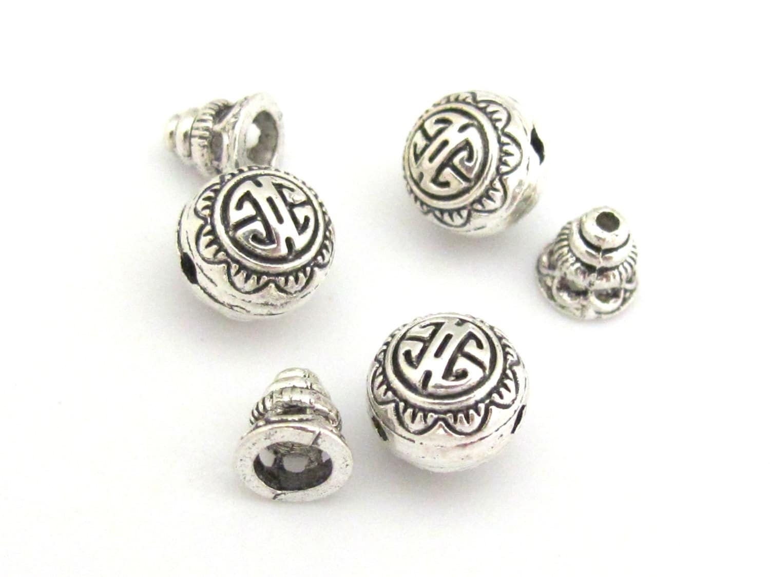 3 sets - Tibetan Guru bead set - Light weight tibetan silver 3 hole Guru bead 10 mm size and column bead set - GB006