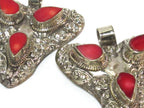 1 Pendant - Ethnic Tibetan triangular arrowhead shape coral inlaid pendant from Nepal with floral fish carving on reverse side - PM585B