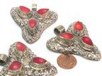 1 Pendant - Ethnic Tibetan triangular arrowhead shape coral inlaid pendant from Nepal with floral fish carving on reverse side - PM585B