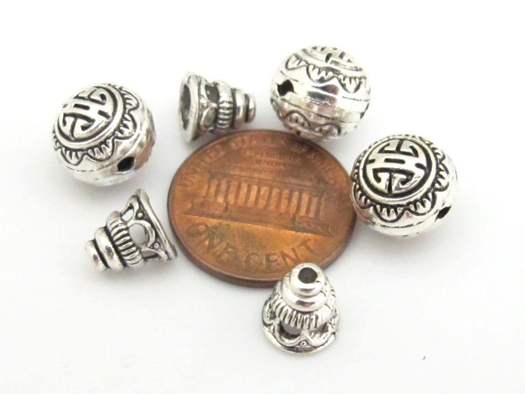 1 set - Guru bead set - Light weight tibetan silver 3 hole Guru bead 10 mm size and column bead set - GB006