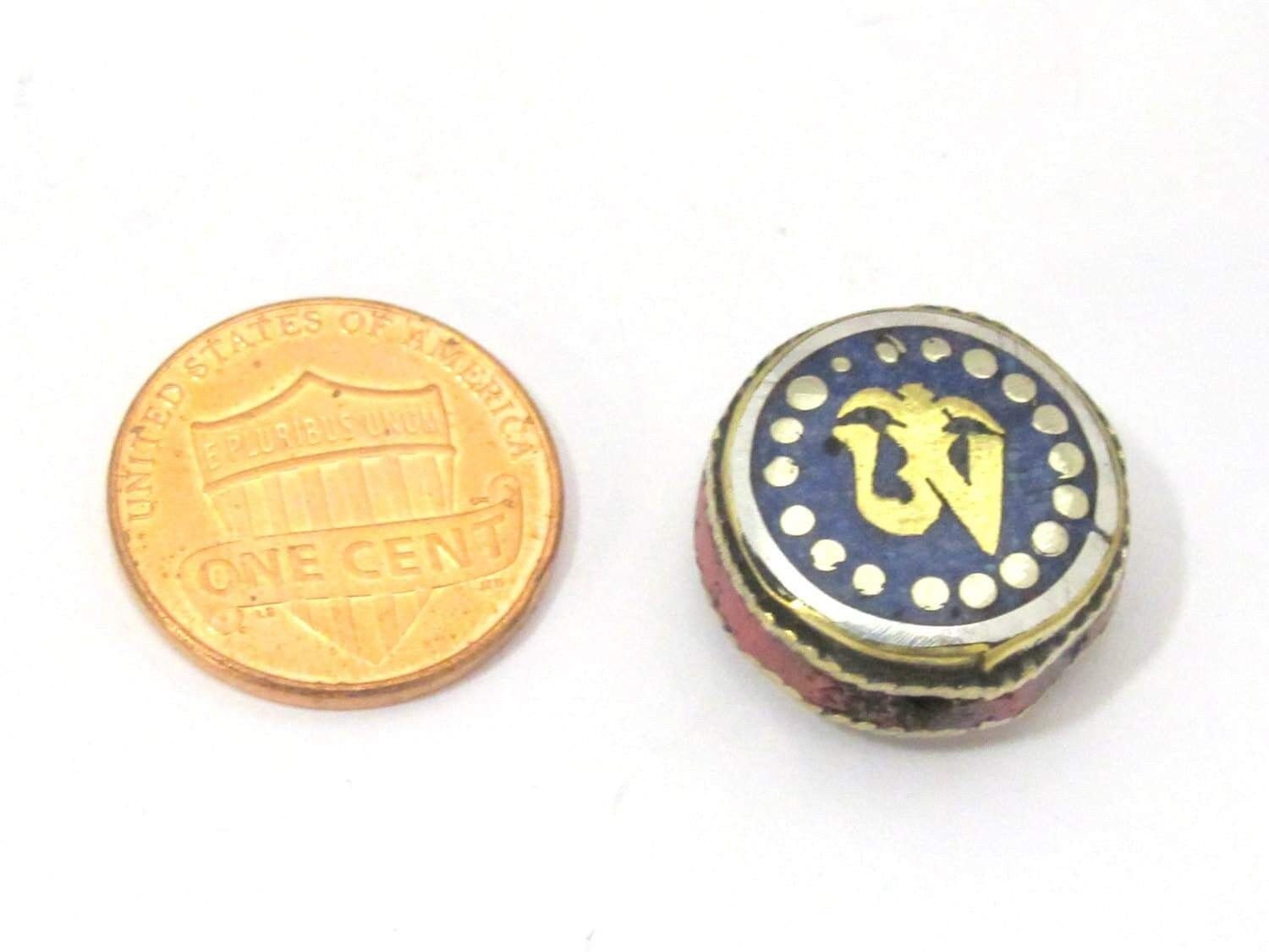 2 BEADS - Tibetan Om inscribed reversible bead with lapis inlay from Nepal- BD840s