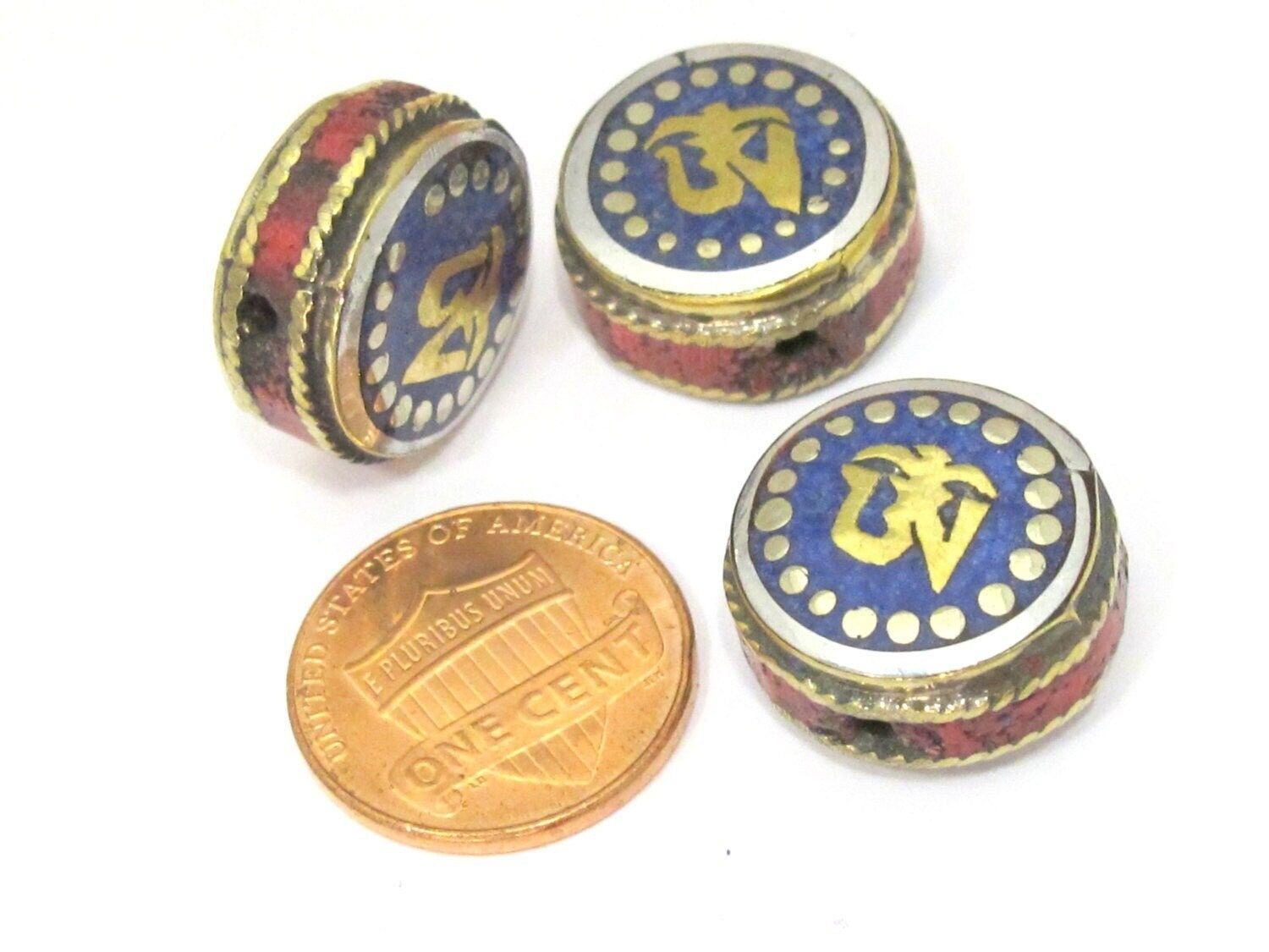 2 BEADS - Tibetan Om inscribed reversible bead with lapis inlay from Nepal- BD840s