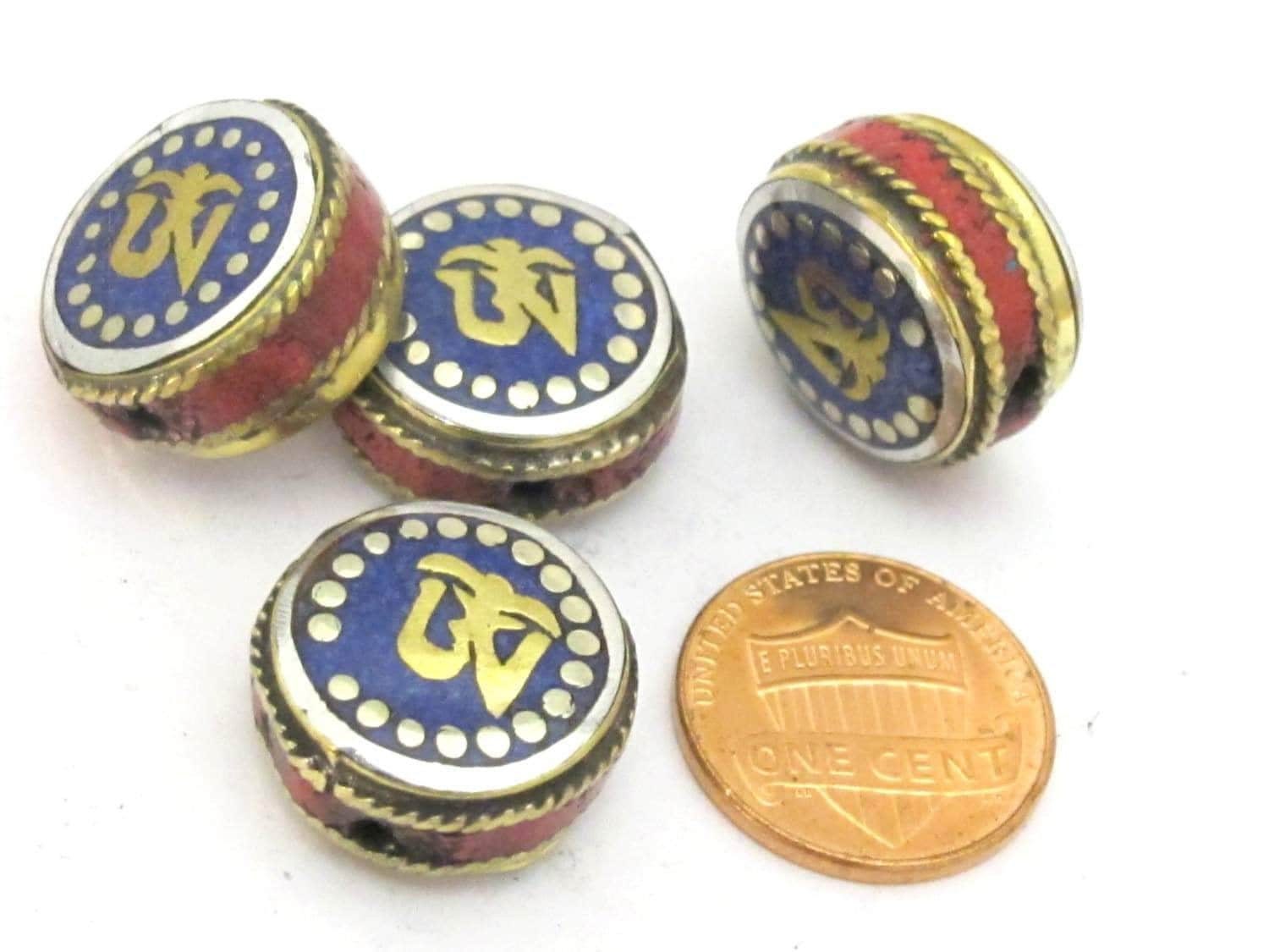 2 BEADS - Tibetan Om inscribed reversible bead with lapis inlay from Nepal- BD840s