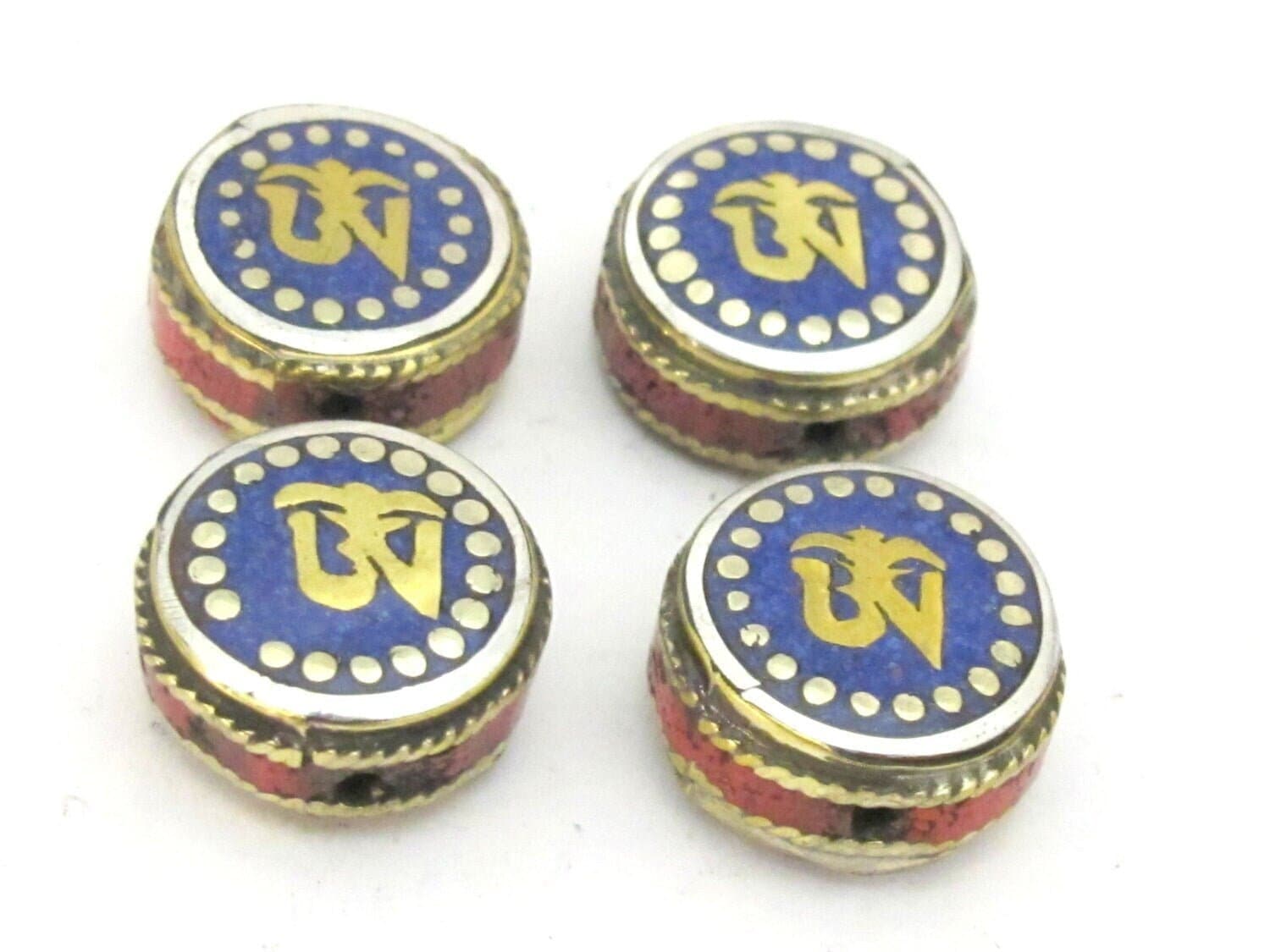 2 BEADS - Tibetan Om inscribed reversible bead with lapis inlay from Nepal- BD840s