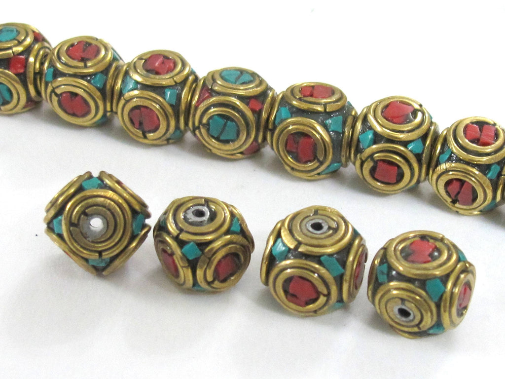 2 Beads Ethnic nepal beads Tibetan beads Nepalese Brass cube shape beads with turquoise inlaid circles - BD992