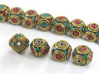 2 Beads Ethnic nepal beads Tibetan beads Nepalese Brass cube shape beads with turquoise inlaid circles - BD992