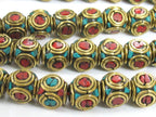 2 Beads Ethnic nepal beads Tibetan beads Nepalese Brass cube shape beads with turquoise inlaid circles - BD992