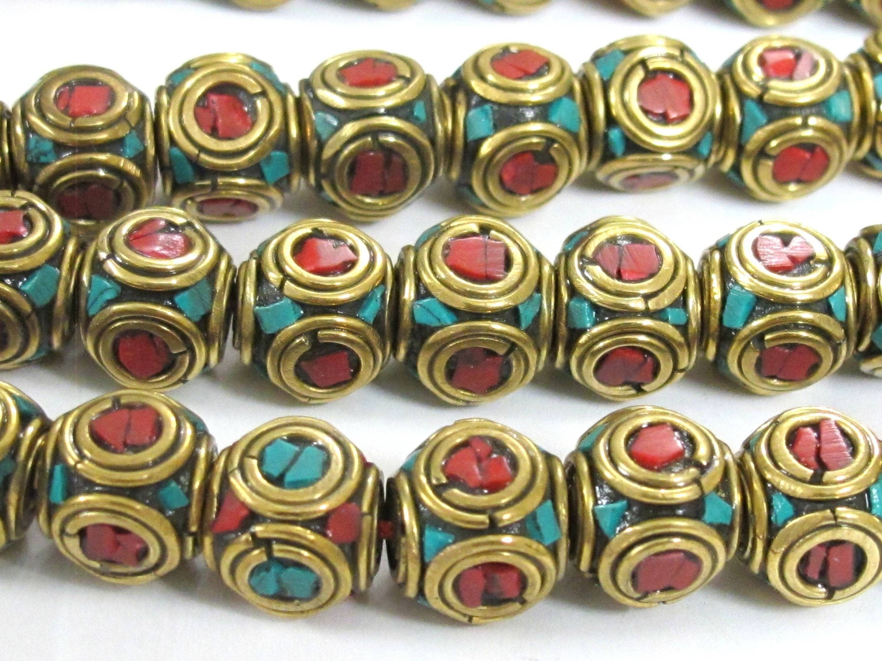 2 Beads Ethnic nepal beads Tibetan beads Nepalese Brass cube shape beads with turquoise inlaid circles - BD992
