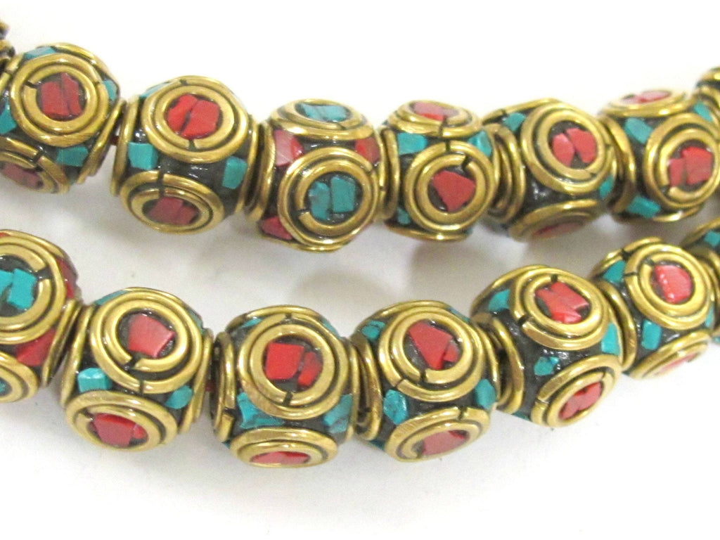 2 Beads Ethnic nepal beads Tibetan beads Nepalese Brass cube shape beads with turquoise inlaid circles - BD992