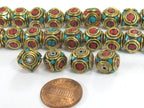 2 Beads Ethnic nepal beads Tibetan beads Nepalese Brass cube shape beads with turquoise inlaid circles - BD992